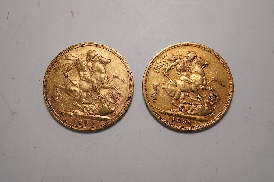 Australia gold coins, Victoria, two gold sovereigns, jubilee head, 1890M, VF and 1891M, fine or better